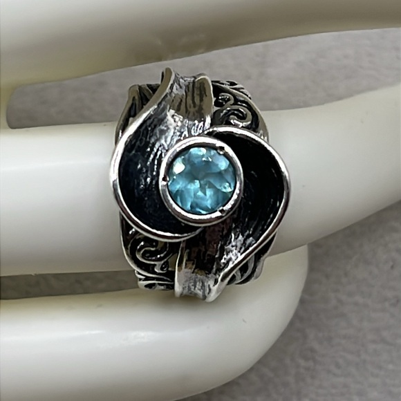 PZ Israel sterling silver open work ring with blue glass “gem” size 7 - Picture 1 of 11